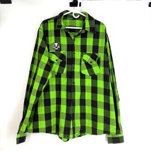 Demons Behind Me Flannel Shirt XXL Tall Green Plaid Skull Embroidered Grunge
